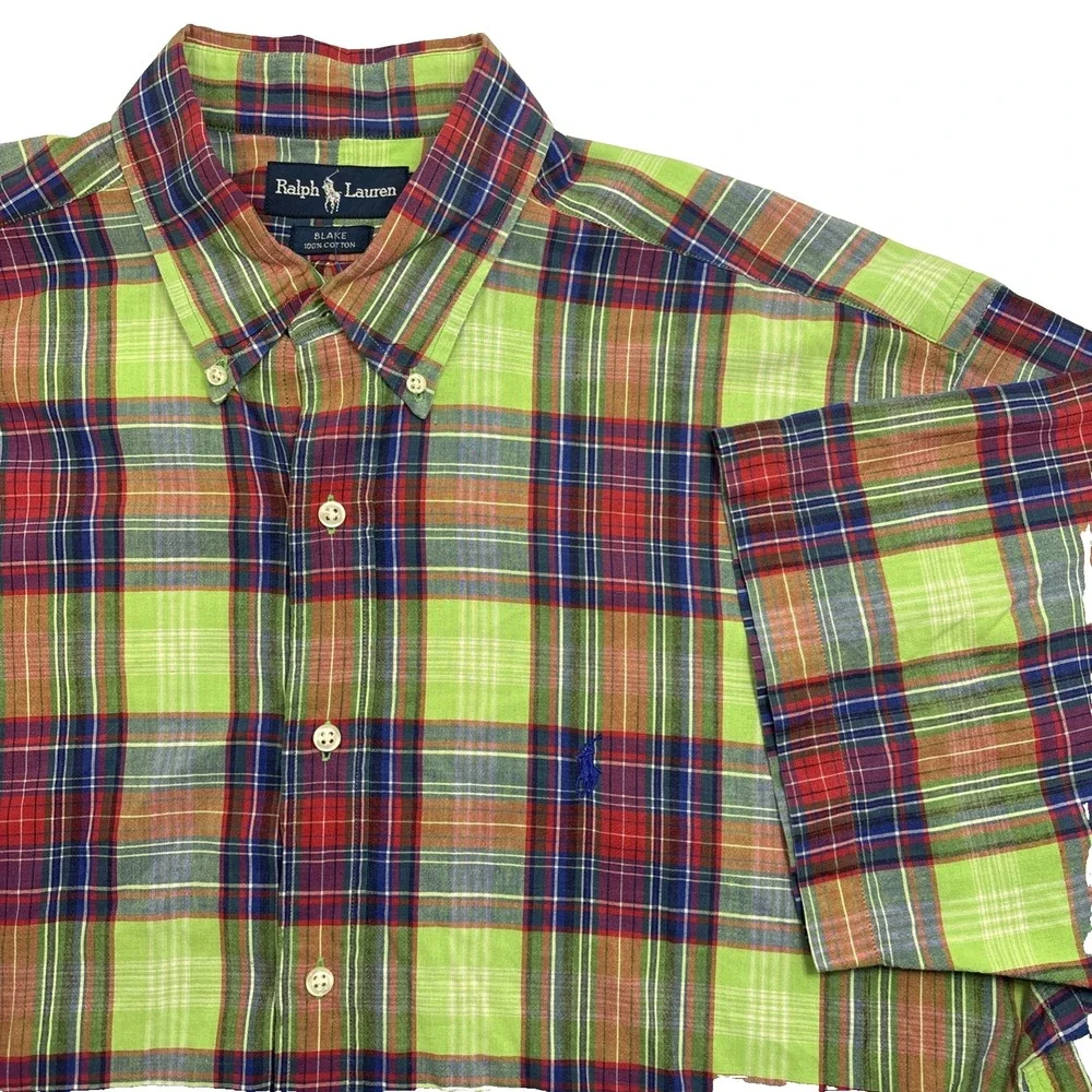 Ralph Lauren Shirt Men XL‎ Green Blake Button Down Plaid Preppy Woven Cotton